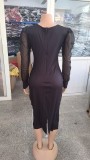 Women sexy printed small v-neck long-sleeved mesh dress