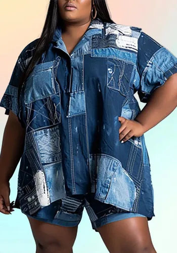 Plus Size Women Print Short Sleeve Two-piece Set