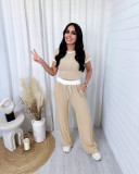 Spring Summer Style Round Neck Contrast Color Short Sleeve Top Women's Fashion Casual Wide Leg Pants Sports Two Piece Set
