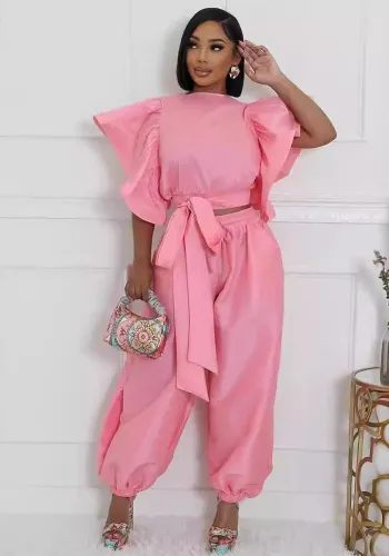 Women Ruffle Edge Sleeve Lace-Up Top and Elastic Pants Two-piece Set