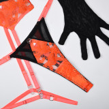 Women Contrast Color Embroidered Gloves Sexy LingerieSet