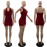 Women's Sexy Solid Color Halter Low Back Velvet Dress
