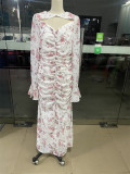 Women pleated printed chiffon dress