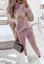 Women Heart Print Sequin Top and Pant Casual Two-piece Set