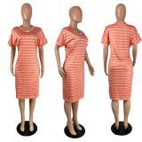 Women Striped Print V-Neck Casual Dress