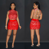 Women Sexy Beaded Hollow Vest And Skirt Two Piece Set