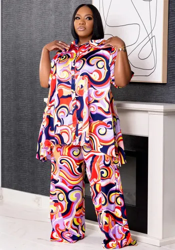 Women Printed Short Sleeve Shirt Collar and Pant Casual Two-piece Set