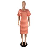 Women Striped Print V-Neck Casual Dress