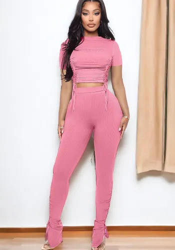 Women Round Neck Short Sleeve Ribbed Top and Pleated Pant Casual Two-piece Set