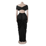 Women Sexy Sleeveless Strapless Crop Top and pleated Skirt two-piece set