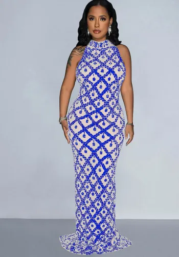 Women Solid Sequin Halter Neck Backless Maxi Dress