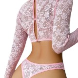 Women lace See-Through Long Sleeve Sexy LingerieSet