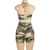 Women Summer Camouflage Sleeveless Halter Neck Crop Top And Shorts Two-piece Set
