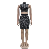Women Sexy Beaded Hollow Vest And Skirt Two Piece Set