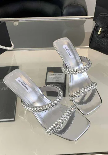 Women Summer Square Toe Rhinestone High Heel Solid Sandals