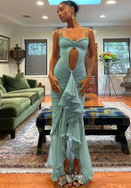 Women Hollow Solid Strap Dress with Irregular Slits