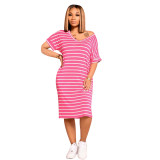 Women Striped Print V-Neck Casual Dress