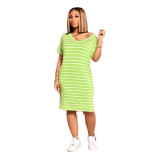 Women Striped Print V-Neck Casual Dress