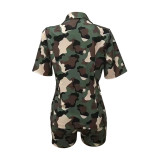 Women popular camouflage printed short-sleeved top and shorts Casual two-piece set