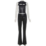 Women summer PU-Leather sleeveless hollow and Pant two-piece set