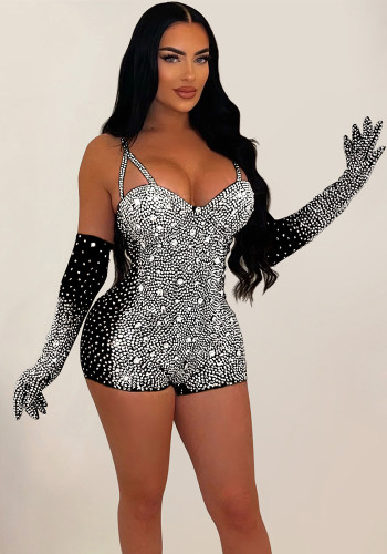 Women Solid mesh Beaded See-Through Jumpsuit
