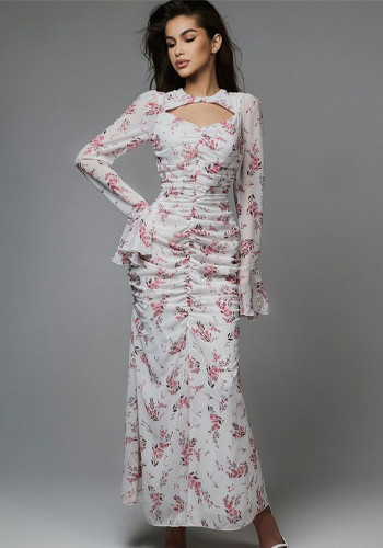 Women pleated printed chiffon dress