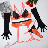 Women Contrast Color Embroidered Gloves Sexy LingerieSet