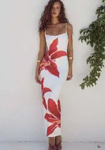 Summer Women Sexy Suspender Flower Print Maxi Dress
