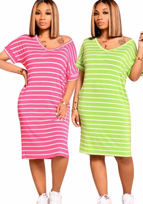 Women Striped Print V-Neck Casual Dress