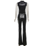 Women summer PU-Leather sleeveless hollow and Pant two-piece set
