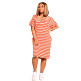 Women Striped Print V-Neck Casual Dress