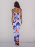 Summer Women Sexy Suspender Flower Print Maxi Dress