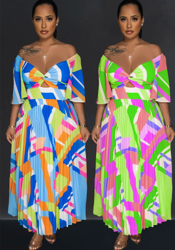 Women Sexy Printed Backless Pleated Maxi Dress