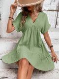 Women Solid V-neck Loose Pleated Dress