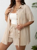 Summer Plus Size Solid Color Texture Short Sleeve Shirt Shorts Women's Two Piece Set