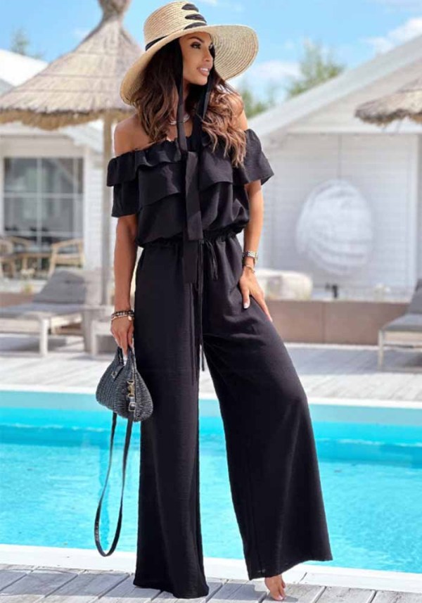 Summer Fashion Chic Off Shoulder Solid Color Slim Waist Women's Jumpsuit