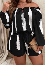 Summer Plus Size White Black Printed Printed Off Shoulder Long Sleeve Two Piece Shorts Set