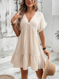 Women Solid V-neck Loose Pleated Dress