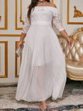 Plus Size Women's Elegant Off Shoulder Half-Sleeve Chiffon Lace Formal Party Dress