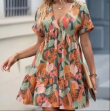 Women Solid V-neck Loose Pleated Dress