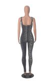 Women Printed Sleeveless Ribbed Square Neck Backless Jumpsuit