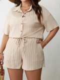 Summer Plus Size Solid Color Texture Short Sleeve Shirt Shorts Women's Two Piece Set