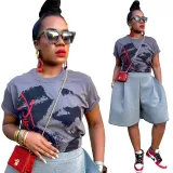 Women's Spring And Summer Print Loose Round Neck Plus Size Short Sleeve T-Shirt Top