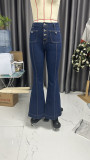 Spring Buttoned High Waist Denim Pants Women's Slim Fit Chic Bell Bottom Trousers