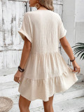 Women Solid V-neck Loose Pleated Dress