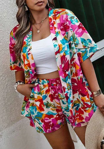 Summer Plus Size Printed Two Piece Women's Short Sleeve Shirt Shorts Set