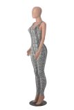 Women Printed Sleeveless Ribbed Square Neck Backless Jumpsuit