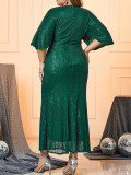 Plus Size Women's Sexy V-Neck Sequined Loose Half-Sleeve Formal Party Dress