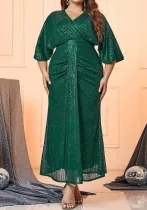 Plus Size Women's Sexy V-Neck Sequined Loose Half-Sleeve Formal Party Dress