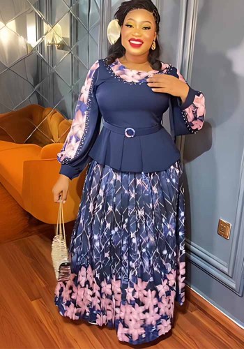 African Women's Plus Size Printed Contrast Chic Career Two Piece Skirt Set